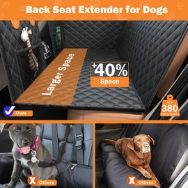 DKMHA Hard Bottom Back Seat Extender for Dogs, Odorless Materials Dog Car Seat Cover Holds 300lbs with 2 PCS Retractable Dog Seat Belt and 2 PCS Pet Collapsible Bowls, for Car SUV Truck