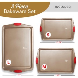 Baking Sheet Set, 3-Piece Cookie Sheet Set with Silicone Handles, Steel Baking Pans Set, Durable Baking Sheets for Oven, BPA Free Cookie Sheets for Baking Nonstick Set, Sheet Pan - Bronze Baking Pan