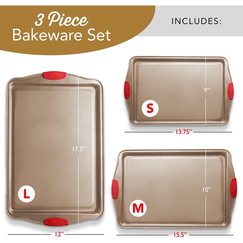 Baking Sheet Set, 3-Piece Cookie Sheet Set with Silicone Handles,