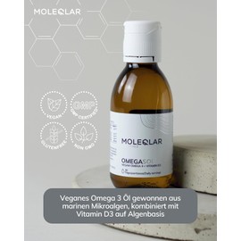MoleQlar OmegaSOL Oil - Vegan Omega 3 and Vitamin D from Marine Microalgae - 2100 mg Omega 3 Fatty Acids and 800 IU Vitamin D per Serving - Certified Purity