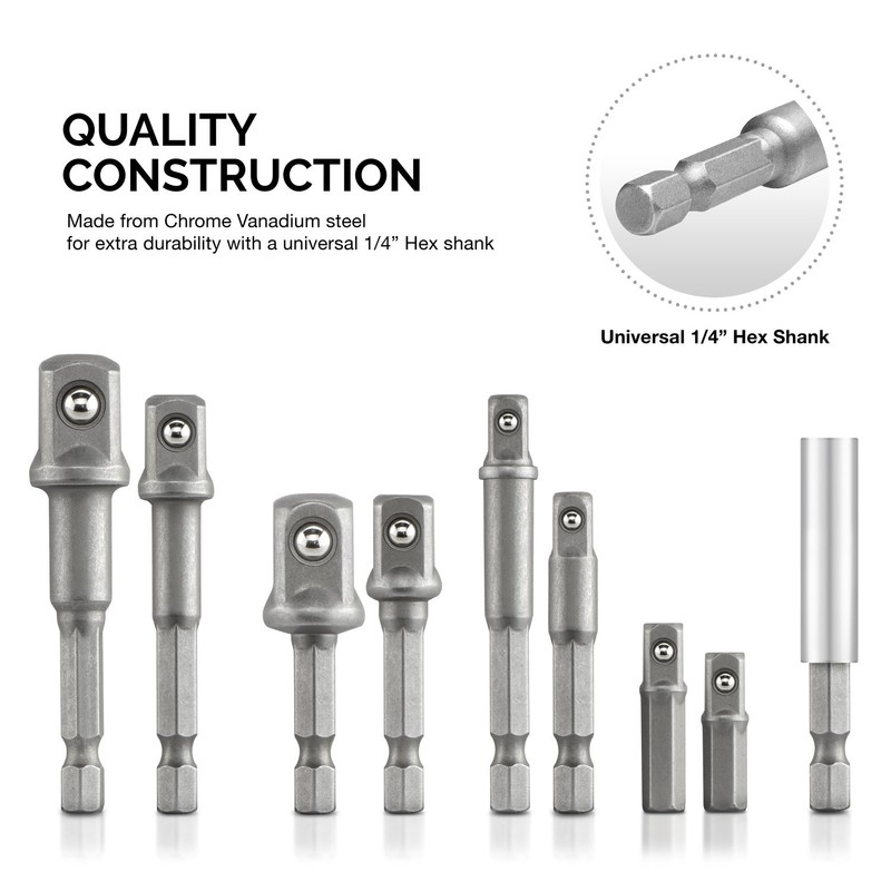 NEIKO 00257 Socket Adapter Extension Drill-Bit Set, Includes 1/4-, 3/8-,