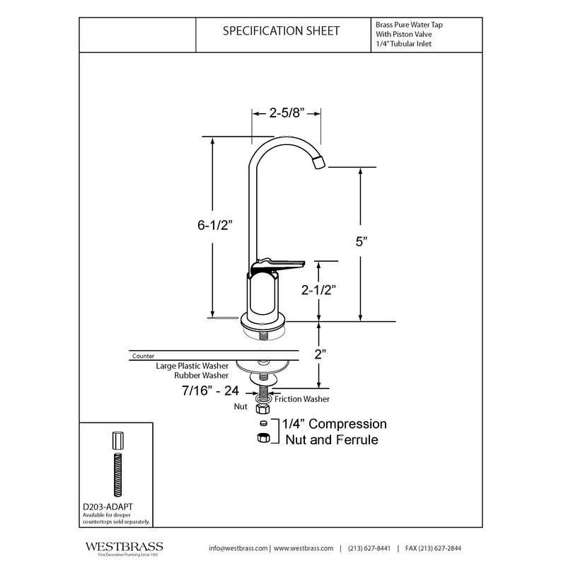 Westbrass D203-NL-07 6" Touch-Flo Style Pure Cold Water Dispenser Faucet,