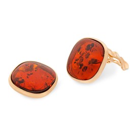 AMBEDORA Rotonda Women's Clip On Earrings with Amber, Gold-Plated Sterling Silver, Baltic Amber in Cognac Colour, Sterling Silver, Amber