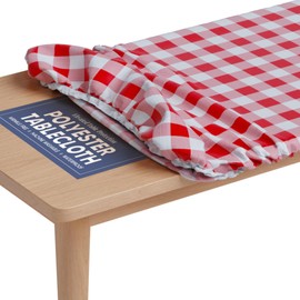 Tablecloth of Polyester -Fitted with Elastic, Water Proof, Washable, Fits for Table 24 x 48 Inch, Checked RED Design, for Indoor/Outdoor Kitchen and Picnic and More...