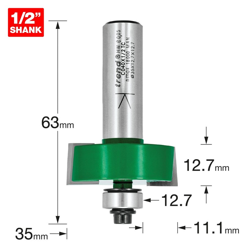 Trend CraftPro Rebater Router Cutter Bit, 1/2 Inch Shank, 12.7mm