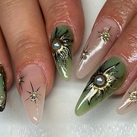 BABALALA Almond Press on Nails Medium Fake Nails Green Glue on Nails 3d Teture Design Chrome Acrylic Nails Sun Star Y2k False Nails 24Pcs Manicure Stiletto Bling Handmade Gel Nails