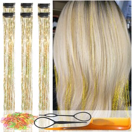 CelineBella Clip in Hair Tinsel Kit Gold Tinsel Hair Extensions 24 Inch Heat Resistant for Girls Kids New Year Gift Party Cosplay