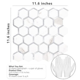 STICKGOO Hexagon Peel and Stick Backsplash Tile, Stick on Backsplash for Kitchen and Bathroom, White Marble Look PVC Mixed Metal Silver Self Adhesive Wall Tiles(10 Sheets, Seamless)