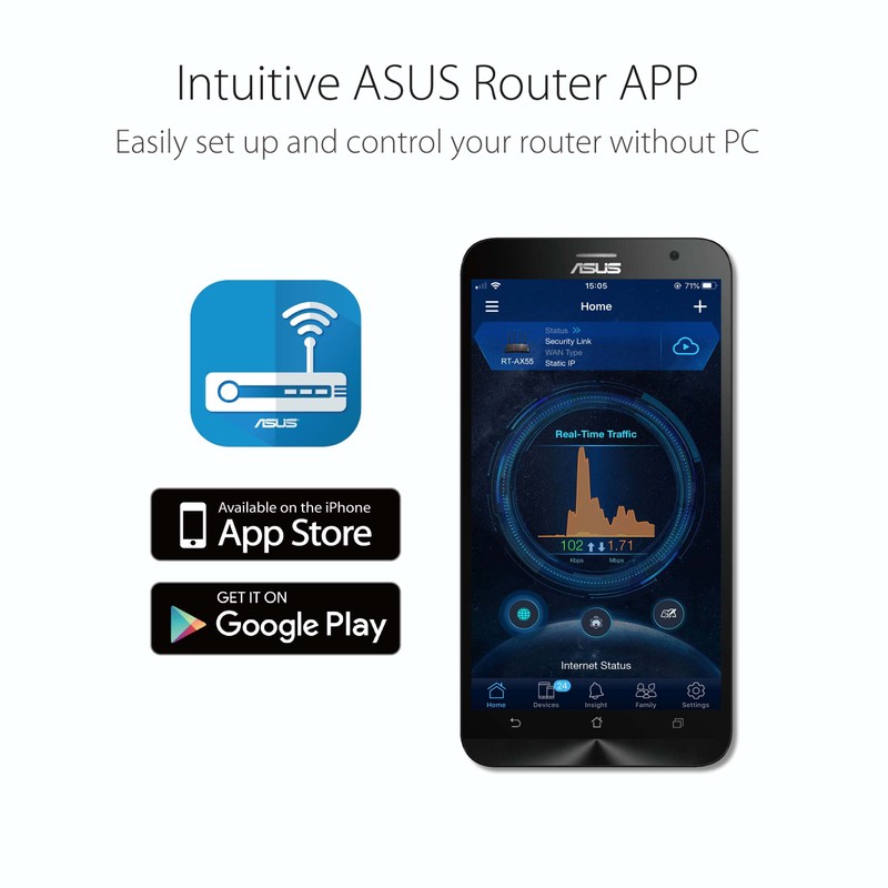 ASUS RT-AX52 (AX1800) Dual Band WiFi 6 Extendable Router, Instant