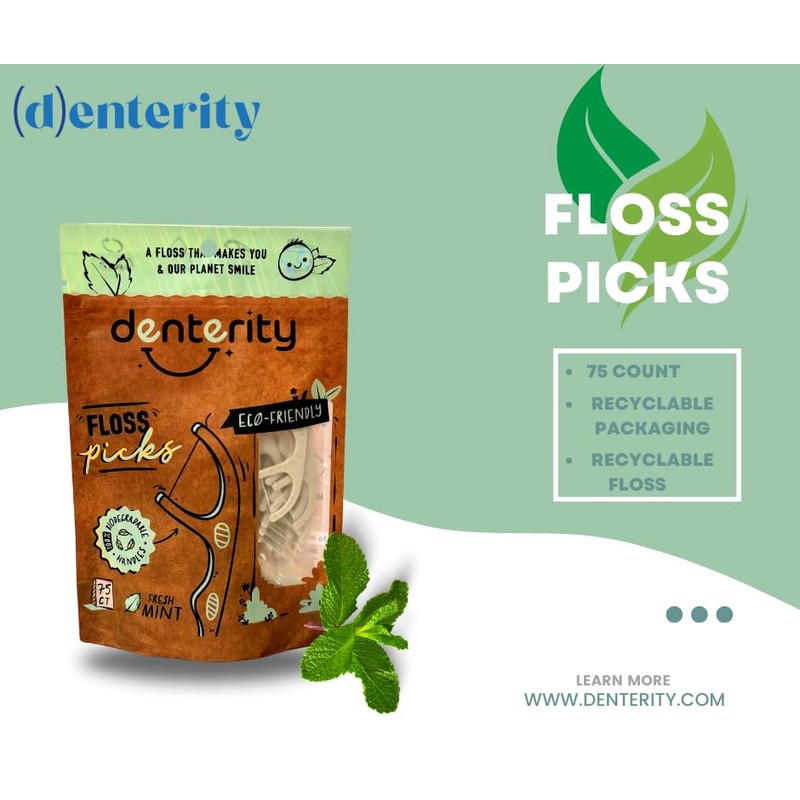 Denterity Biodegradable Dental Floss Picks, Earth Friendly Handle, Mint, 75ct