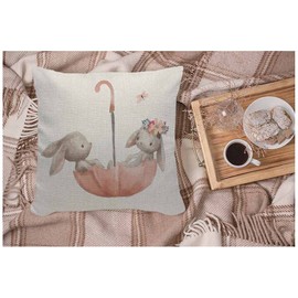 WONDERTIFY Hares Cushion Cover Watercolor Cute Animal Flower Bunny Couple Rabbit Love Butterfly Umbrella Throw Pillow Covers Cushion Case For Couch Home Decor 45X45 Cm
