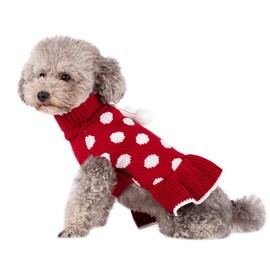KYEESE Red Christmas Dog Sweaters Dress with Leash Hole Polka Dot Dog Sweater Knit Warm Doggie Sweaters with Pom Pom Ball for Fall Winter