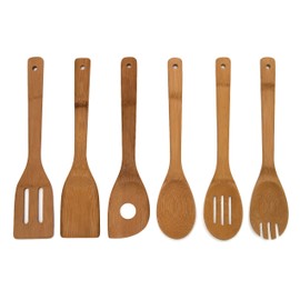 Lipper International 826-06 Bamboo Wood Kitchen Tools – 6-Piece Set in Mesh Bag, 6-Pack – Includes Slotted Spatula, Spatula, Pointy Spoon, Spoon, Slotted Spoon – Eco-Friendly, Hand Wash Only
