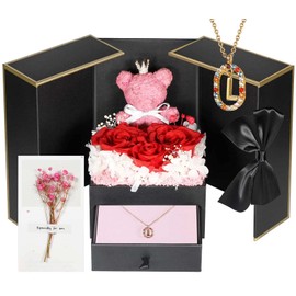Cute Preserved Real Roses Bear Gift with 18K Gold Plated Initial Necklaces for Women, Mothers Day Birthday Anniversary Christmas Valentines Presents for Mom Girlfriend Wife