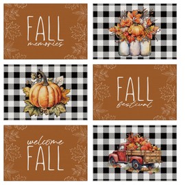 Preboun 6 Pcs Fall Vintage Placemat Set Thanksgiving Autumn Rustic Buffalo Plaid Table Mats Washable Farmhouse Pumpkin Leaves Truck Place Mats for Kitchen Dining Holiday Decoration, 12 x 18 Inch