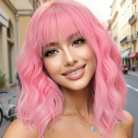 AISI HAIR Curly Bob Wig with Bangs Short Wavy Pink Color Wigs for Women Bob Style Synthetic Heat Resistant Bob Wigs