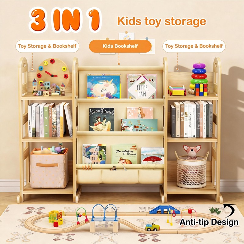 Kids Bookshelf and Toy Storage Organizer, Wood Book Shelf for
