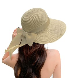 Straw Beach Sun Hat for Women Wide Brim UPF 50+ UV Protection Floppy Sun Hat Summer Foldable Beach Travel Bucket Hats Beige