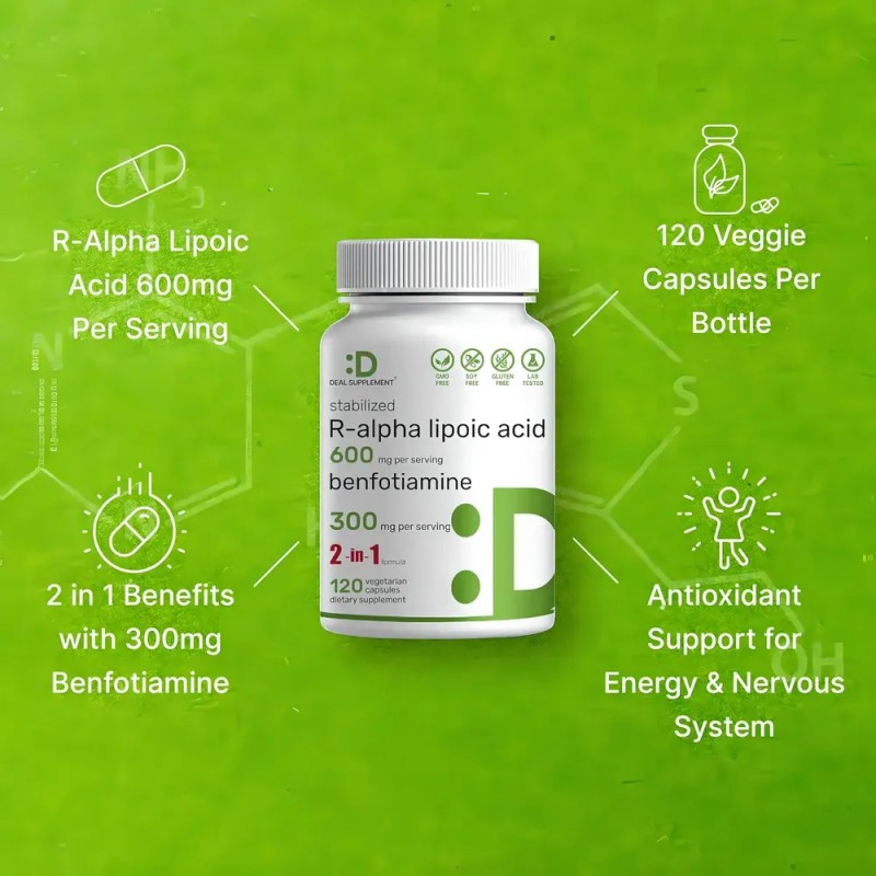 Ácido R-alfa Lipoico 600 Mg Con Benfotiamina 300 Mg 120