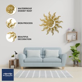 Riverside Designs Sun Moon Face Metal Wall Art Steel Decor | Heavy-duty and Waterproof | Made in USA (12", Gold)