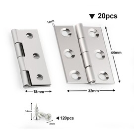 Anstore Pack of 20 Foldable Hinges, 44 mm x 32 mm, Stainless Steel Hinge Small, Door Hinge for Doors, Windows and Cupboard with 120 Screws, Silver