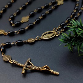 Tabai Rosarios Catolicos,Black Rosaries Catholic Rosary with Oval Beads,Baptism Favors Handmade Chain Necklace with Virgen Medalla,San Benito,Rosario para Recuerdos,Crucifijo del Perdon Rosery Pouch,