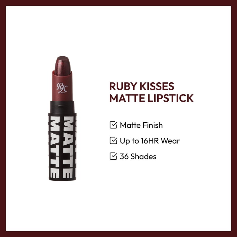 Ruby Kisses Lipstick, Matte Finish, Long-Lasting, Highly Pigmented, Smooth Apply,