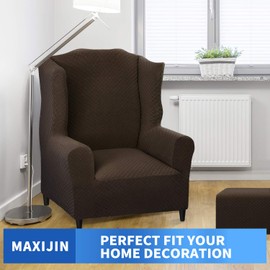 MAXIJIN Wingback Chair Covers 1-Piece Stretch Wing Chair Covers Soft Thick Wingback Armchair Slipcover Non-Slip High Back Chair Furniture Protector Washable (Wing Chair, Dark Coffee)