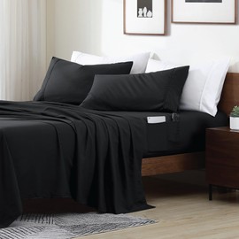 Swift Home Smart Sheets, Ultra Soft Brushed Microfiber 4-Piece Sheet Set, Fitted Bed Sheet with Side Storage Pockets – Black, Full