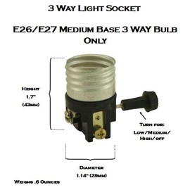 3-Way Lamp Socket Replacement, UL Listed Turn Switch Knob (Low/med/hi/Off) Incandescent Lamp Holder, E26/E27 Medium Base Interior, Repair Parts for Table, Floor Lamp, DIY Projects (Needs 3 Way Bulb)