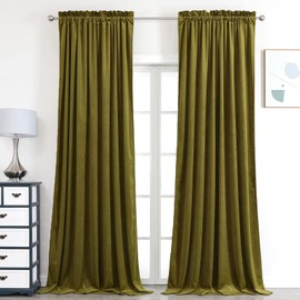 Benedeco Olive Green Velvet Curtains for Bedroom Window, Super Soft Luxury Drapes, Room Darkening Thermal Insulated Rod Pocket Curtain for Living Room, W52 by L96 inches, 2 Panels