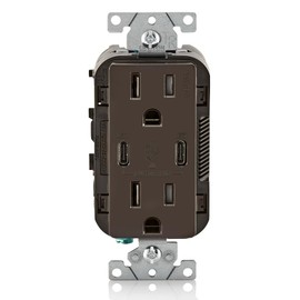 Leviton T5637-B 30W (6A) USB Dual Type-C/C in-Wall Charger with 15A Tamper-Resistant Outlet, USB Charger for Smartphones and Tablets, Not for Laptops, Brown