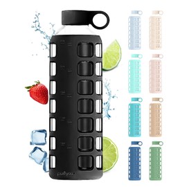 purifyou 40/32/22/12 oz Borosilicate Glass Water Bottles with Volume Markers, Silicone Sleeve, Stainless Steel Lid, Reusable Bottle for Water, Juice, Gym, and Fridge Storage (40oz Jet Black)