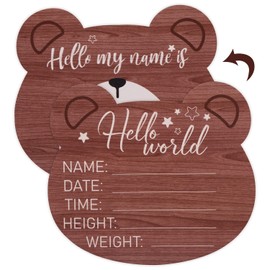 SAVITA Wooden Baby Announcement Plaque, 5.9 Inch Bear Shape New Baby Sign Welcome Sign Hello World Newborn Sign for Hospital Nursery Photo Prop