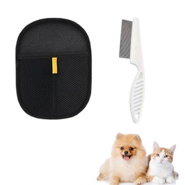 ZesNxj 1 Stück Handschuh Tierhaarentfernung + 1 Stück Flohkamm für Katzen, Wiederverwendbare Tierhaarentferner Handschuh, Haarentfernungshandschuh für Haustiere, Möbel, Kleidung und Teppiche