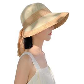 MiniAya Straw Hat, Wide Brim Women's Ribbon, Hat, Straw Hat, Sun Protection, UV Protection, Adjustable Size, Large, Breathable, Small Face Effect, Hat, Summer, Chin Strap, Sun Hat, Beach, Resort