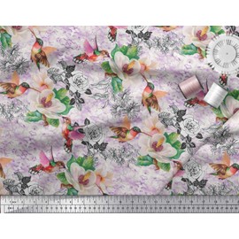 Soimoi Purple Moss Georgette Fabric Leaves,Hummingbird & White Floral Print Sewing Fabric BTY 42 Inch Wide