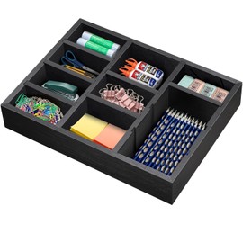 TEESSFROOD Desk Drawer Organizer Tray with 9 Adjustable Compartments, Wooden Office Desk Accessories Supplies Organization Storage for Desktop Bathroom Vanity Makeup Black