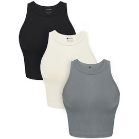 OLCHEE Womens 3 Pack Crop Tank Tops Basic Seamless Ribbed Round High Neck Racerback Workout Top Summer Causal Yoga Gym Shirts - Black Beige Light Grey Large
