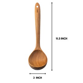 KHRUT, Teak Wood Soup Ladle, 11.5 inch long, Teak wooden utensils, wooden Soup Ladle, Long handle ladle for cooking, Natural Teak utensils, Non-stick cookware tools,