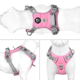 PHOEPET No Pull Dog Vest Harness with Unique Colors，Adjustable Reflective No-Choke Pet Harness with Easy Control Handle and Metal Clips for Small Medium Large Dogs（Baby Pink Base & Grey Straps，S)