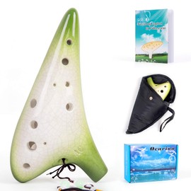 Ocarina, Horse 12 Holes Alto C Ceramic with Carry Bag Music Book Strap (Crack Green)