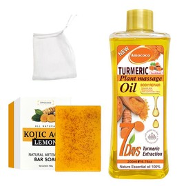 Turmeric 2-Piece Set - Turmeric Oil, Turmeric Soap, packed with ginger extracts and nourishing body oils to support your daily body care routine! Leaves skin feeling fresh and comfortable.:_soap+oil