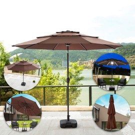 Festival Depot Patio 3 Tiers Umbrella with Aluminum Tilt Crank Center Light 8 Solar Powered LED Lights Bars Square Weights Plate Water Filled Stand Black Base (9.8 FT Patio Umbrella and Base Coffee)