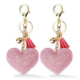 EUPSIIU 2 Pcs Glitter Keychain, Tassel Key Chain, Glitter Heart Keyring, Rhinestone Key Ring, Rhinestone Love Keychain, Jewellery Key Buckle, Fashonable Keyring for Women Girls Bag Decor (Pink)