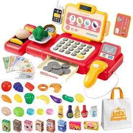 56PCS Caja registradora Juguetes para niñas Juegos de imaginación Supermercado Tienda Juguetes Caja Escáner Juguetes con Sonidos y Juegue Comida, Dinero, Juguetes de supermercado y más