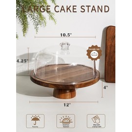 Kanwone Acacia Wood Cake Stand with Acrylic Lid - 12in Cake Plate, Multi-Functional Dessert Table Display Set, Charcuterie Board, Cake Holder with Dome, Detachable Design