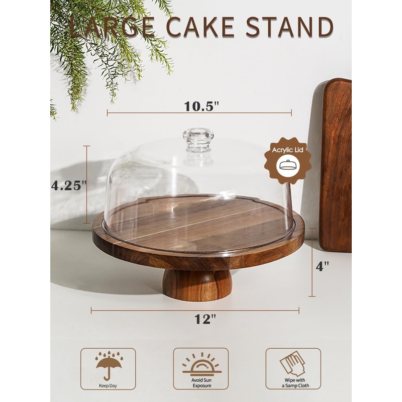 Kanwone Acacia Wood Cake Stand with Acrylic Lid - 12in