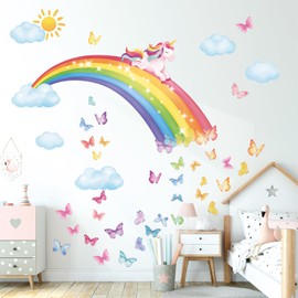 DECOWALL SG2-2309 Rainbow Wall Decals Unicorn Rainbow Butterflies Clouds Wall Stickers Baby Nursery Girls Bedroom Living Room Wall Décor