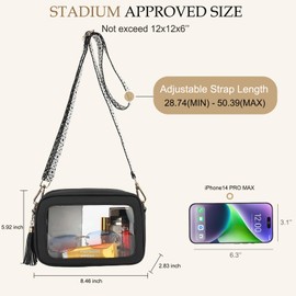 LOXOMU Clear Crossbody Bag Stadium Approved - Waterproof Clear Purses for Women Stadium with Adjustable Guitar Strap for Events (Black)